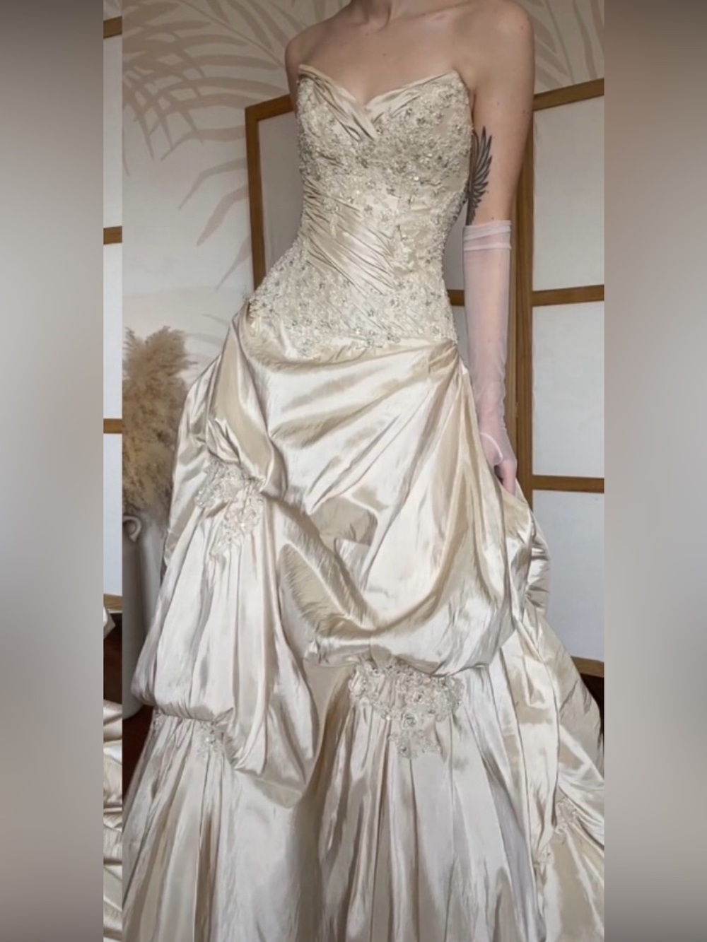 Maggie Sottero Champagne Satin Ball Gown with Beaded Lace Bodice